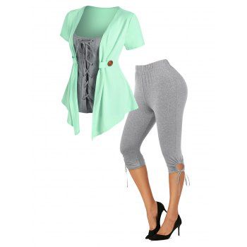 

Contrast Lace Up Faux Twinset Top And Cinched Side Skinny Capri Leggings Outfit, Multicolor