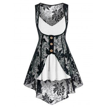 

Heathered Flare Skirted Cami Top and Mock Button Slit Flower Lace Vest Set, White