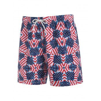 American Flag Print Board Shorts, Red