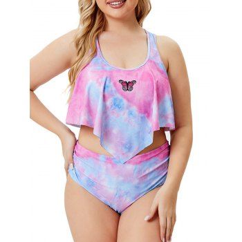 

Plus Size Butterfly Tie Dye Flounce Tankini Swimwear, Light pink