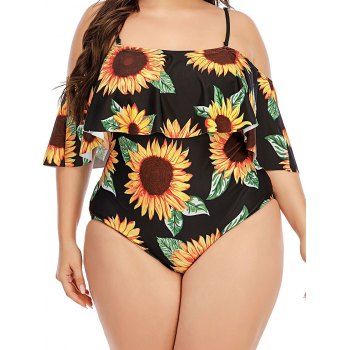 

Plus Size Sunflower Flounce One-piece Swimsuit, Black