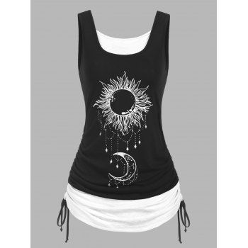 

Celestial Sun Moon Print Cinched Ruched Contrast Colorblock Tank Top, White