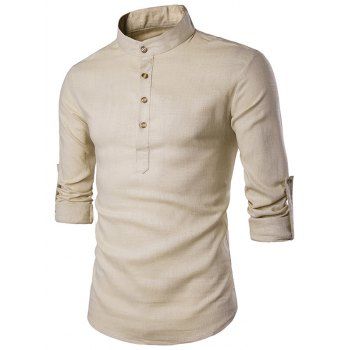 

Half Button Placket Roll Up Sleeve Shirt, Light khaki