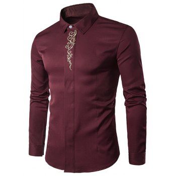 

Embroidery Button Up Long Sleeve Shirt, Red wine
