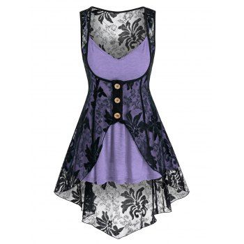 Heathered Flare Skirted Cami Top and Mock Button Slit Flower Lace Vest Set dresslily imagine noua 2022