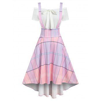 

Bow Tie Off The Shoulder Tee And Plaid Print Pocket High Low Suspender Dress Set, Light pink