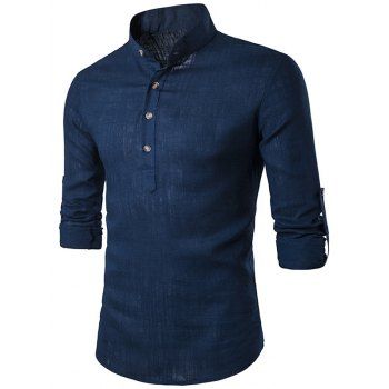 

Half Button Placket Roll Up Sleeve Shirt, Cadetblue