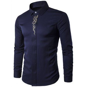 

Embroidery Button Up Long Sleeve Shirt, Cadetblue