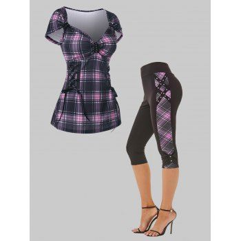

Lace Up Plaid Tee And Plaid Capri Pants Outfit, Multicolor