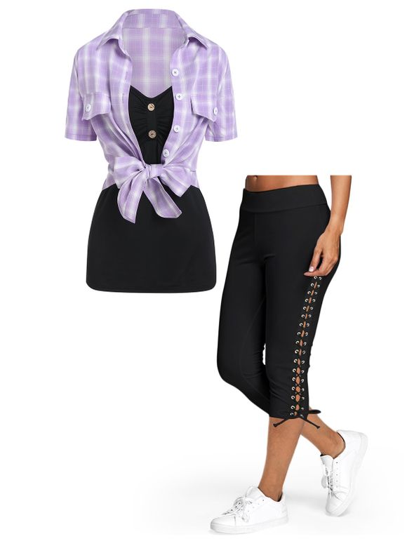 Ensemble de Blouse à Carreaux et Legging Capri à Lacets - multicolor S
