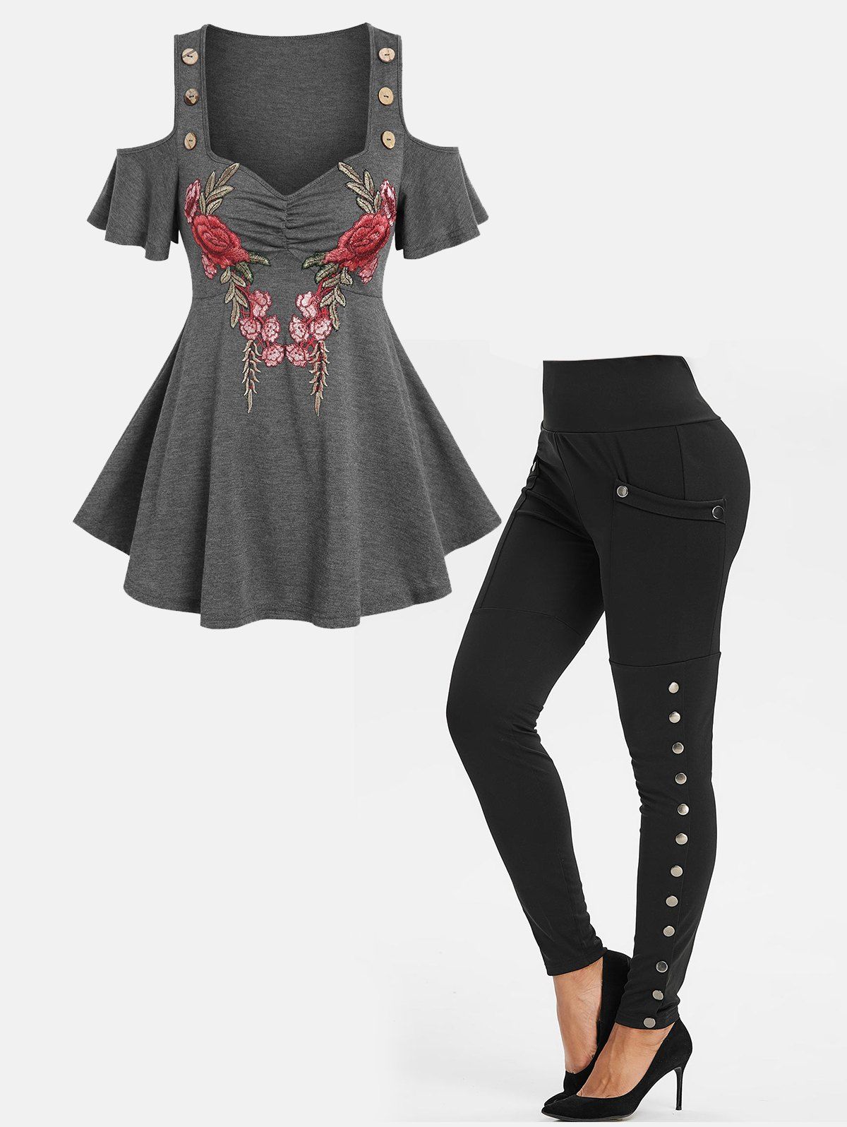 Embroidered Cold Shoulder T-shirt and High Waisted Leggings Outfit - multicolor M