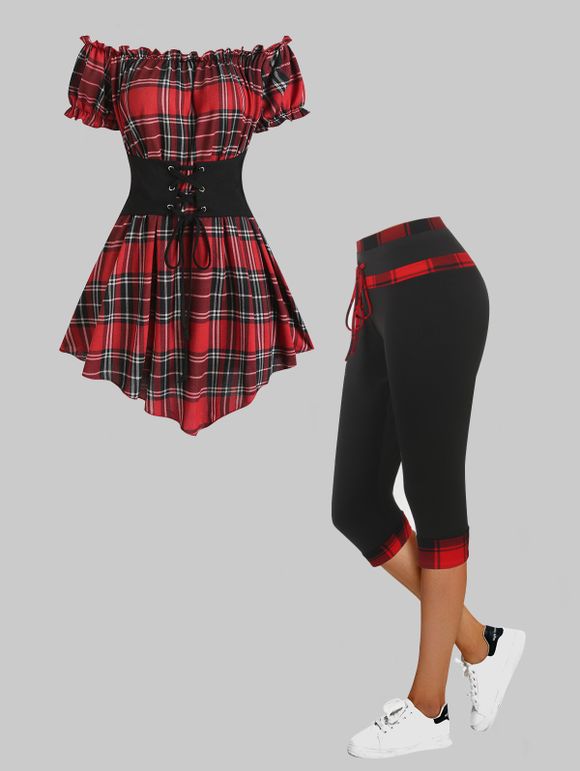 Off The Shoulder Corset Waist Plaid Top And Plaid Capri Pants Outfit - multicolor M