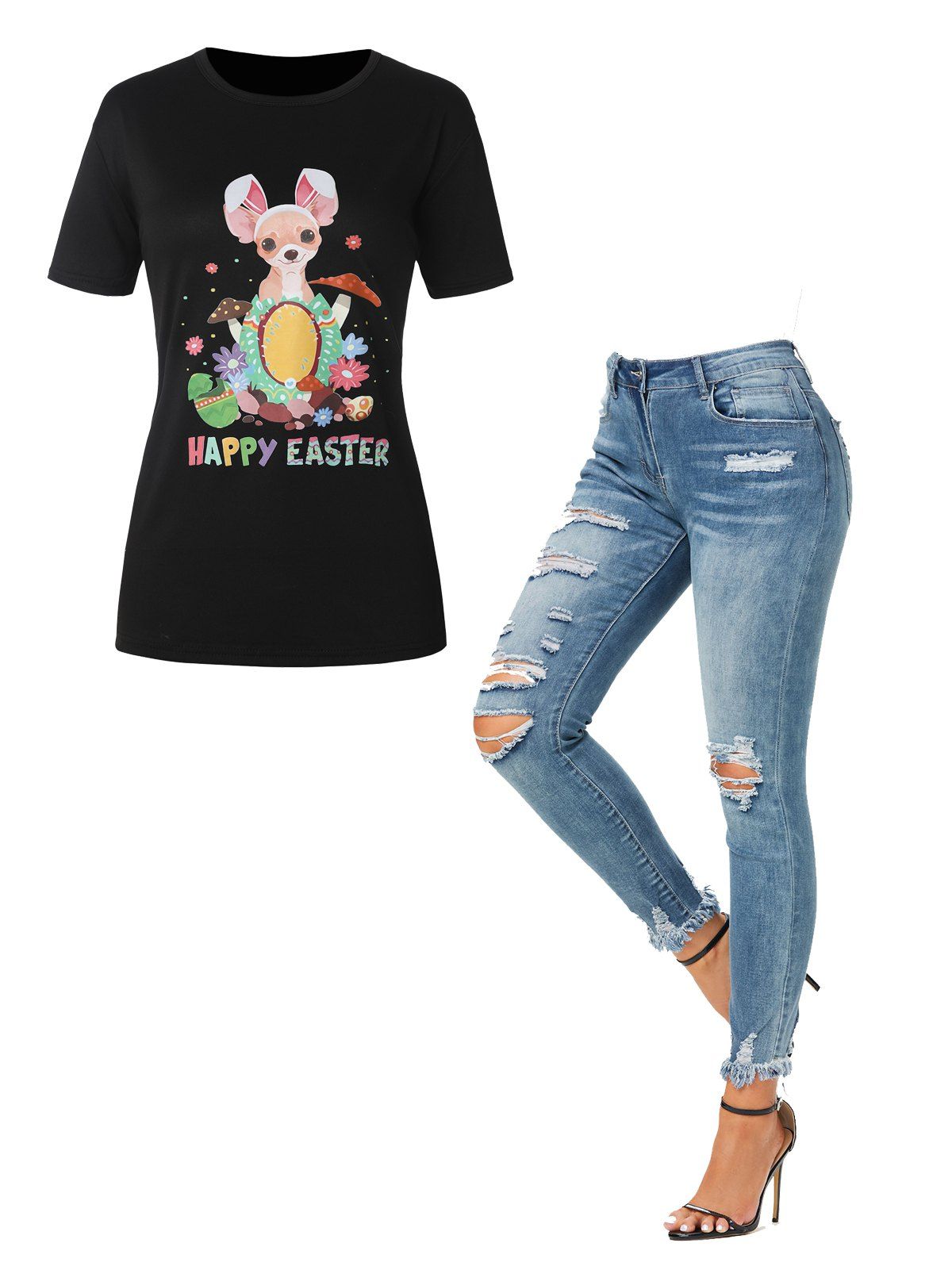 HAPPY EASTER Graphic Tee And Ripped Denim Pants Outfit - multicolor S
