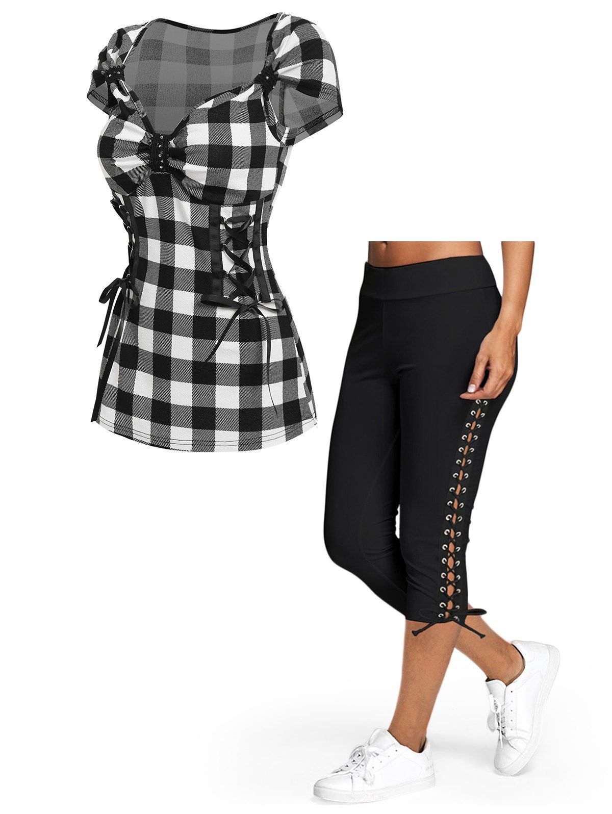 Plaid Lace Up T-shirt and Capri Leggings Outfit - BLACK S