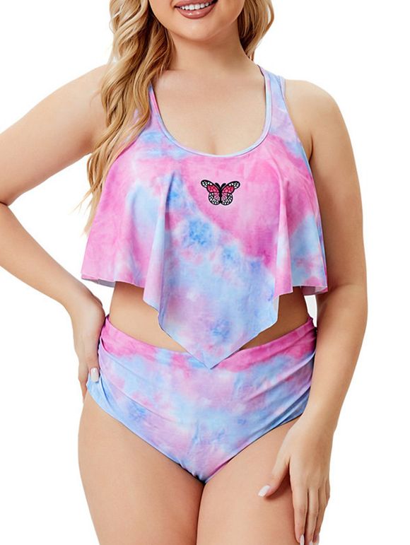 Plus Size Butterfly Tie Dye Flounce Tankini Swimwear - LIGHT PINK XL