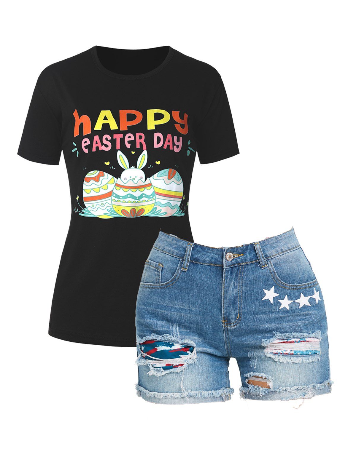 Printed Easter T-shirt and Ripped Frayed Denim Shorts Outfit - multicolor S