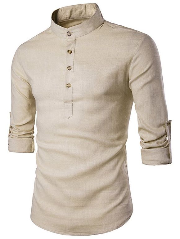 Chemise à Demi-Patte de Boutonnage Couvert à Manches Roulées - Kaki Léger S
