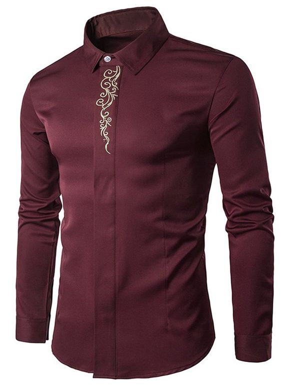 Chemise Boutonnée Brodée à Manches Longues - Rouge Vineux XXL