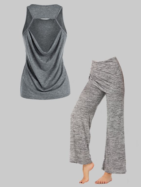 Ensemble de Haut Drapé Découpé Chiné et de Pantalon Evasé Cintré - Gris Foncé M