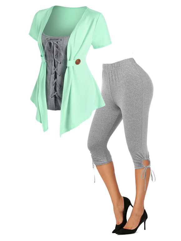 Ensemble de Haut Sanglé Contrasté à Lacets en Fausse Deux Pièces et Legging Capri Moulant - multicolor M