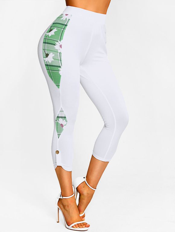 Pantalon Capri à Imprimé Fleur à Carreaux à Taille Haute - Blanc XL