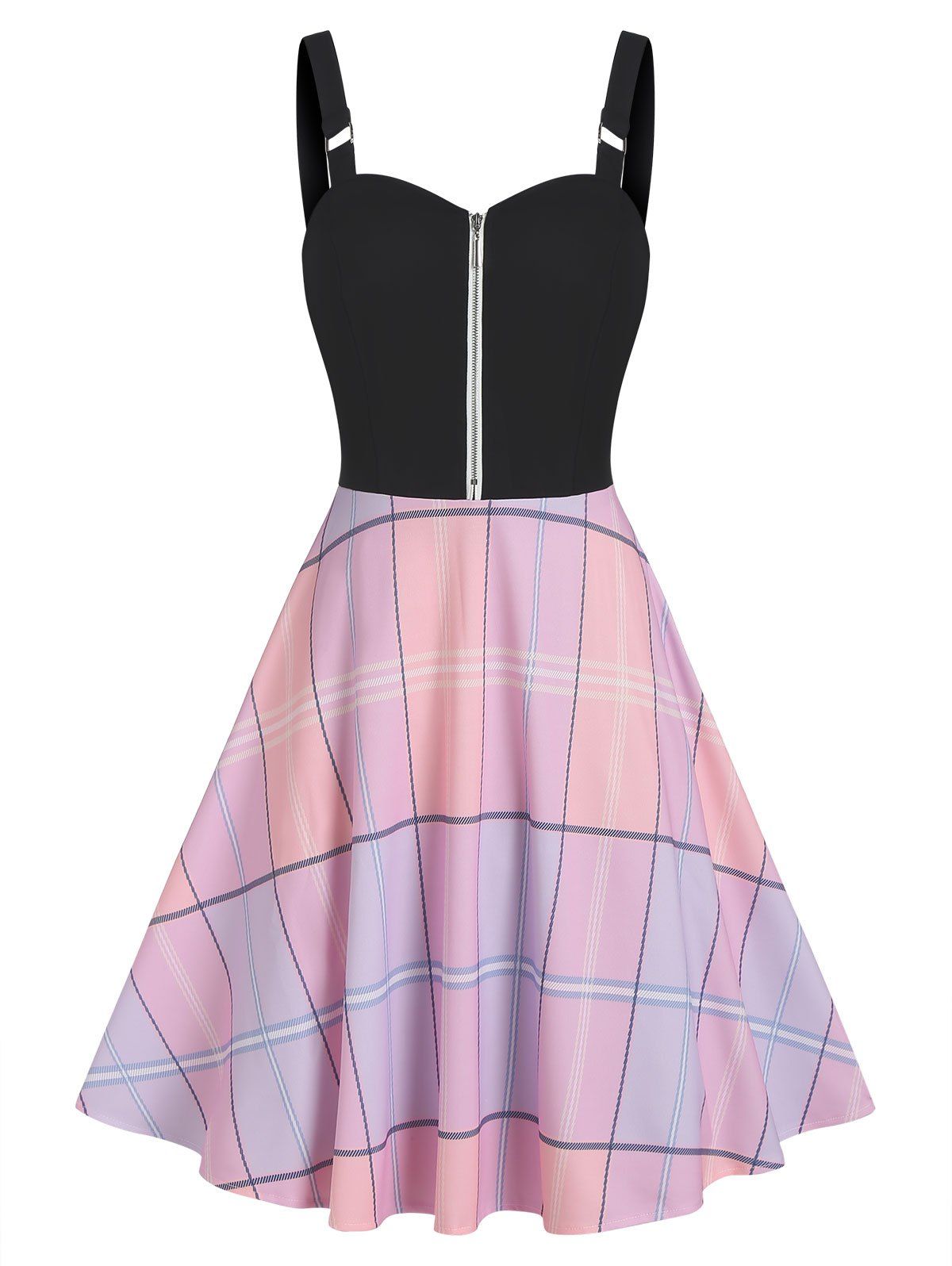 Plaid Print Mini Dress Half Zipper Sweetheart Neck A Line Dress Buckle Straps Backless Combo Dress - BLACK XL