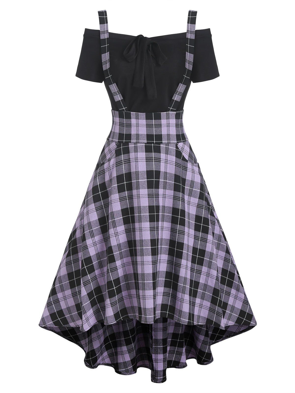 Bow Tie Tee and Pocket High Low Suspender Dress - PURPLE M
