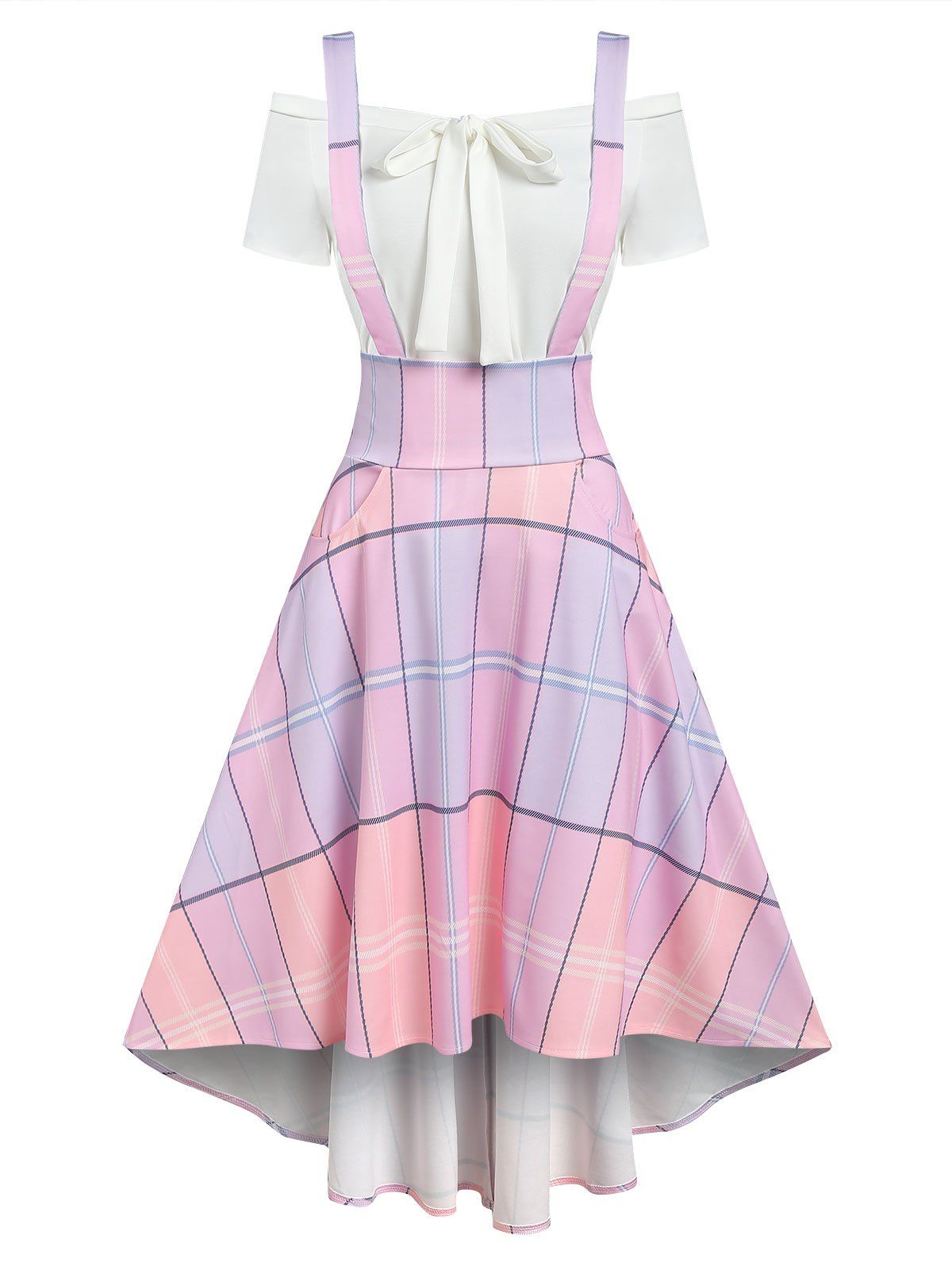 Bow Tie Tee and Pocket High Low Suspender Dress - LIGHT PINK XL