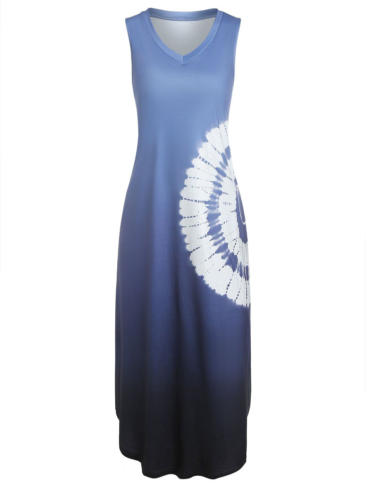 Tie Dye Print Side Slit Trapeze Dress - DEEP BLUE M