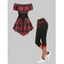 Off The Shoulder Corset Waist Plaid Top And Plaid Capri Pants Outfit - multicolor M