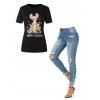 HAPPY EASTER Graphic Tee And Ripped Denim Pants Outfit - multicolor S