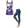 Halloween Gothic Skull Floral Lace Insert and Destroyed Jeans Outfit - PURPLE M