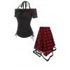 Off the Shoulder Cinched Halter Tee and Plaid Tulle Skirt Outfit - BLACK M