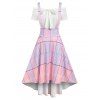 Bow Tie Off The Shoulder Tee And Plaid Print Pocket High Low Suspender Dress Set - LIGHT PINK XL