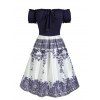 Robe Vintage à Imprimé Feuilles et Fleurs à Épaules Dénudées - Bleu XL