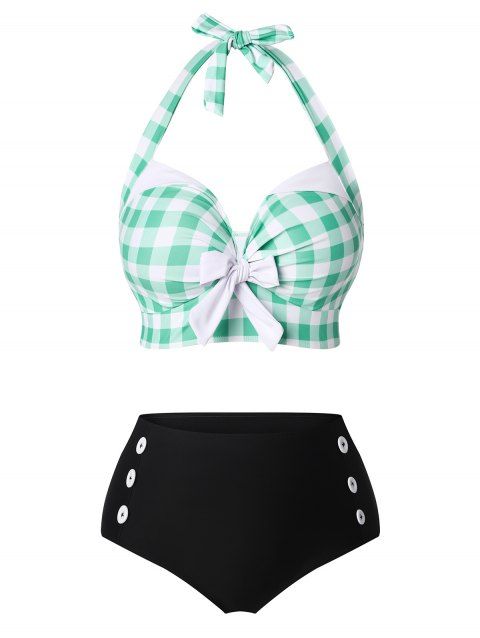 Plus Size Halter Gingham Mock Button Bikini Swimwear