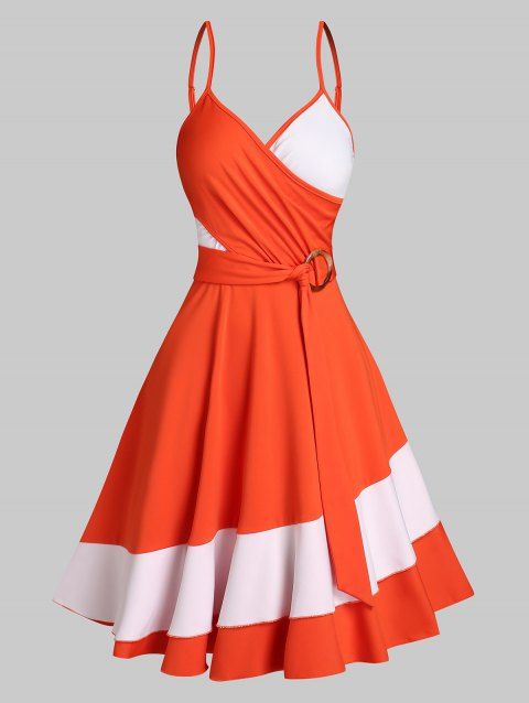 Colorblock Tiered A Line Dress Surplice Crossover V Neck O Ring Cami Dress Adjustabel Straps Sleeveless Dress