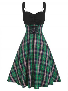 Vintage Plaid Print Mini Dress Lace Up Ruched A Line Dress O Ring Backless Combo Dress