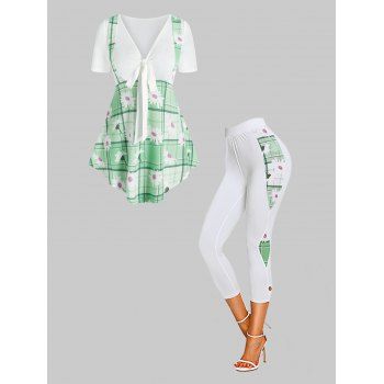 

Plaid Floral Faux Twinset Top And Capri Pants Outfit, Multicolor