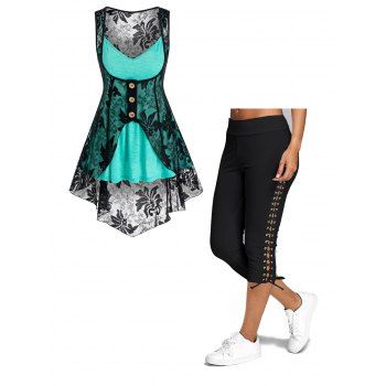 

Lace Panel Asymmetrical Tank Top and Sheer Leggings Outfit, Multicolor