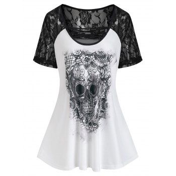 

Plus Size T Shirt Gothic T Shirt Skull Print Crisscross Rose Lace Panel Tee, Multicolor