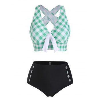 

Plus Size Plaid Print Bowknot Halter Tankini Swimsuit, Light green