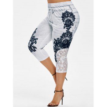 

Plus Size Flower Print Mesh Capri Jeggings, Multicolor