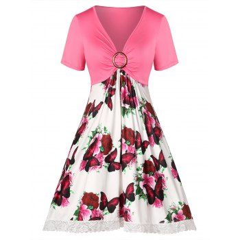 

Plus Size Rose Butterfly Print O Ring Dress, Light pink