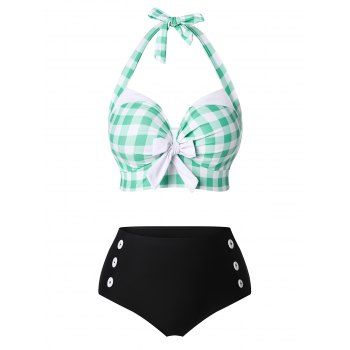 

Plus Size Halter Gingham Mock Button Bikini Swimwear, Green