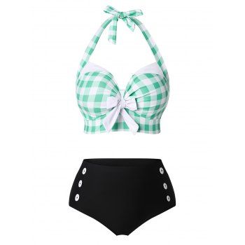 Plus Size Halter Gingham Mock Button Bikini Swimwear