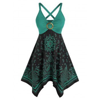 

Plus Size Dress Paisley Flower Print Empire Waist Dress Crisscross Handkerchief Mini Dress, Multicolor