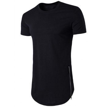 

Solid Slit Zipper Curved Hem T Shirt, Black