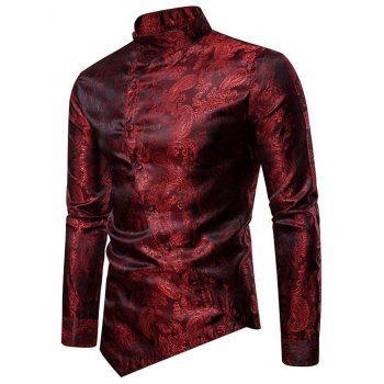 

Paisley Print Irregular Button Curved Hem Shirt, Red