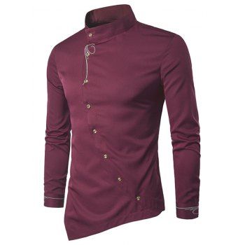 

Metallic Thread Embroidered Asymmetrical Button Shirt, Red wine